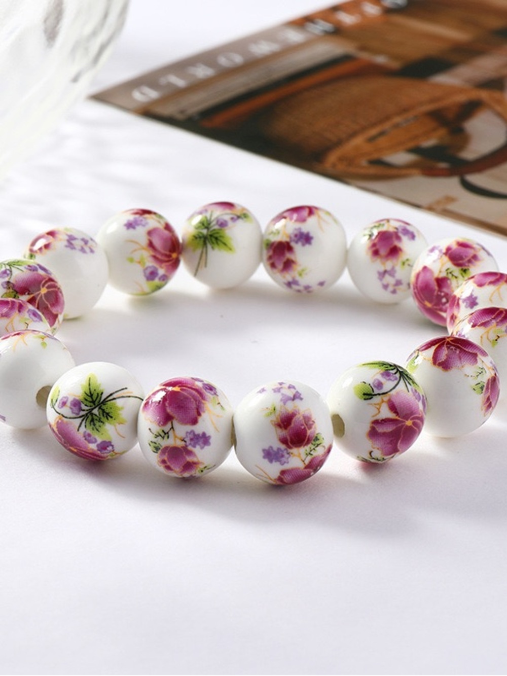 Porcelain Floral Bead Stretch Bracelet - White and Pink